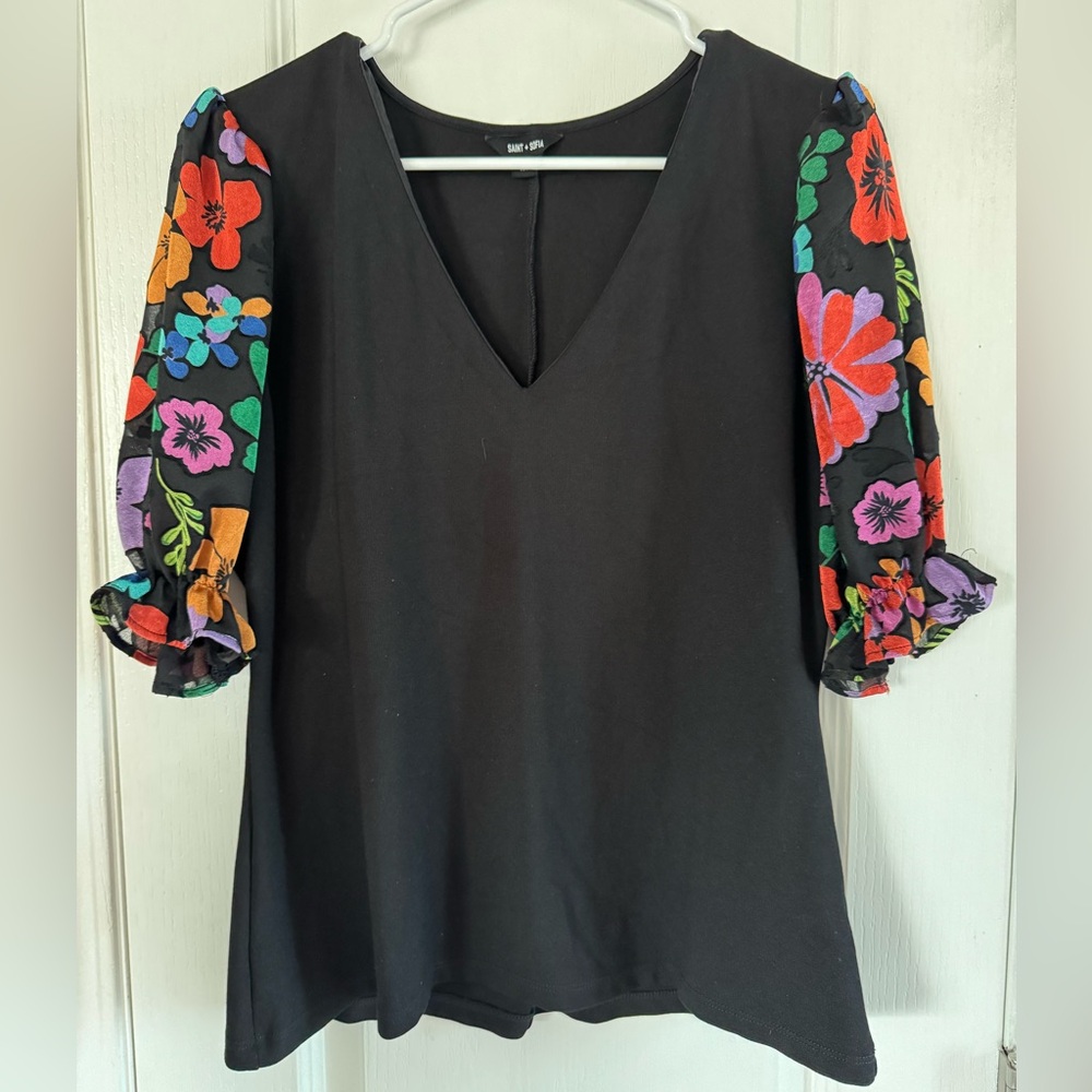 Elegant Black Blouse with Floral Sleeves